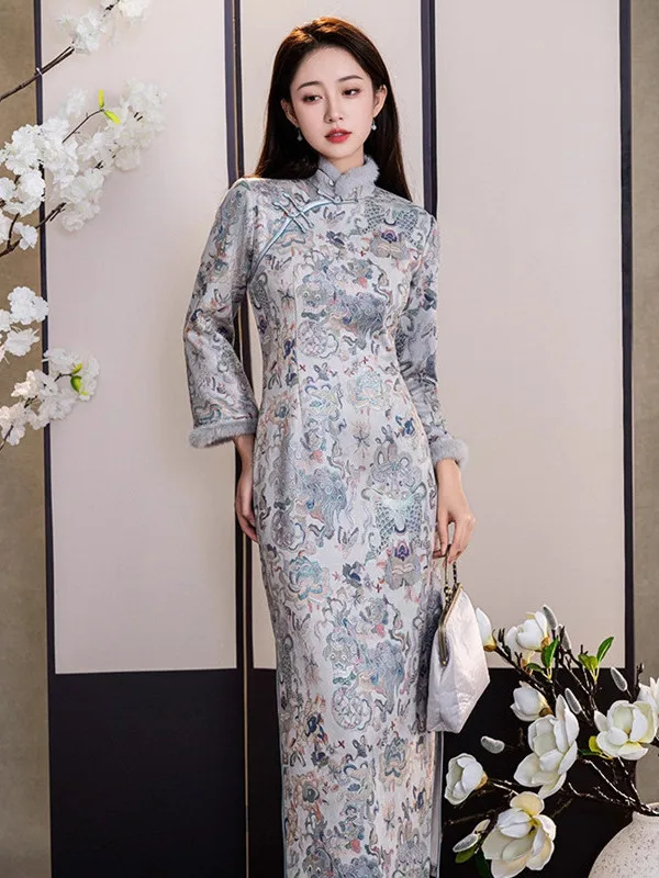 

Утепленное женское платье с длинным рукавом, цветочным принтом и воротником-стойкой, повседневное, в стиле ретро, улучшенная версия, для молодых женщин, художественное, элегантное