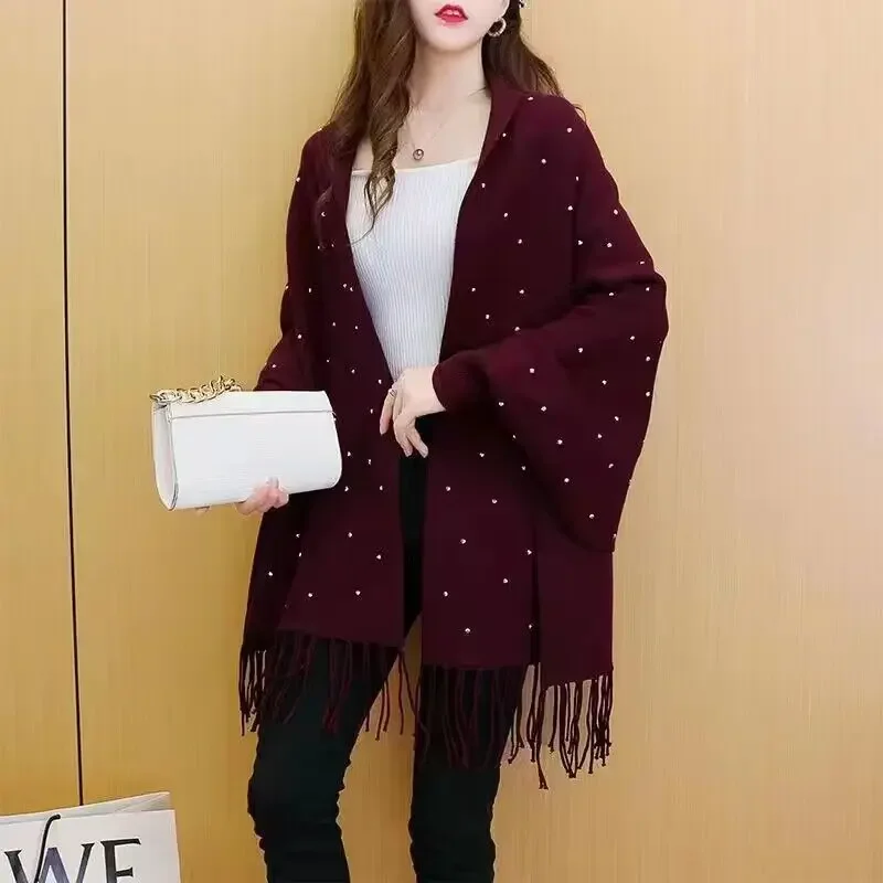 Black Winter Beading Diamond Knitted Cardigan Poncho Cloak Women Autumn Batwing Sleeves Cape Outside Shinny Crystal Knitwear