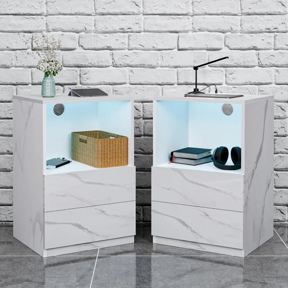 

Set of 2 Open Shelf LED Nightstand with Charging Station Bedside Table with 2 Drawers Night Stand White Marble High Gloss