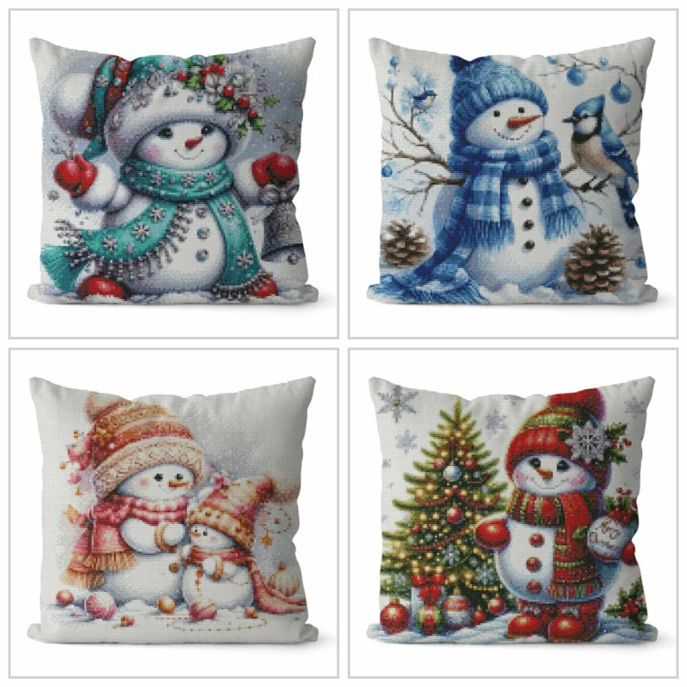 Snowman 11CT Cross Pillow Kit Bell Cartoon Full Embroidery Winter Printed Canvas Eco-Cotton Thread Handicraft Home Decor