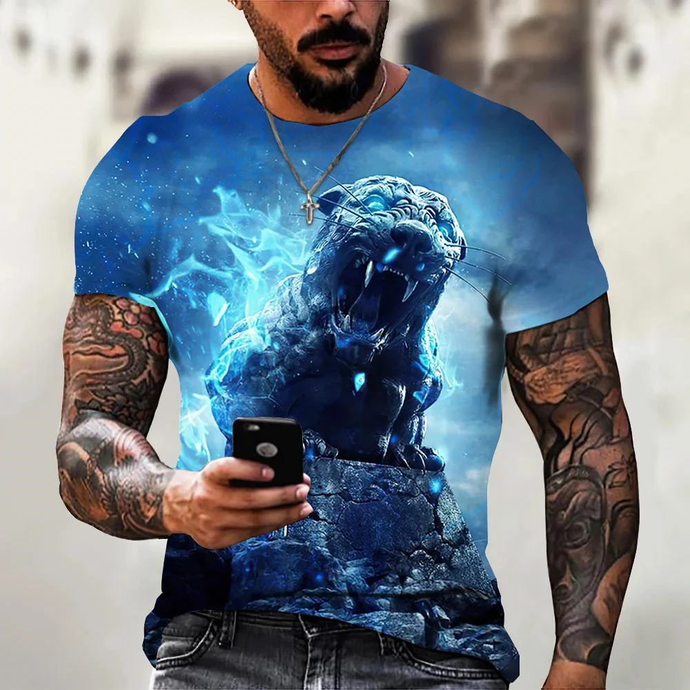 Flame Tiger 3D Print T-Shirt Fire Animals Graphic Cool Design Punk Style Tshirts New O-Neck Short Sleeve Tops For Man Clothing