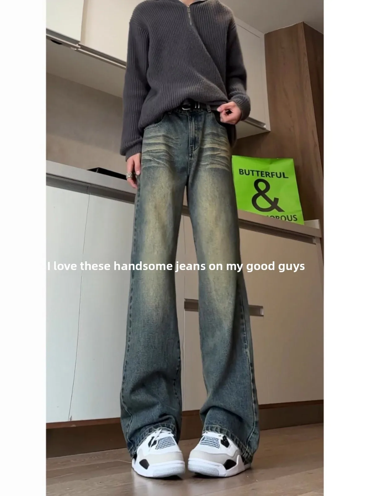 

Синие мужские джинсы в стиле ретро, удлиненная длина, высокая талия, прямые брюки-клеш, осенняя мода, уличная прочная одежда