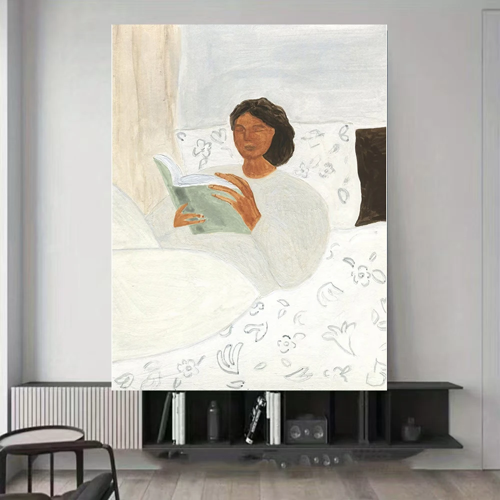 

Ins Style Nordic Healing Bedroom Decoration Painting Simple Female Reading Canvas Painting Hand-Drawn Canvas Painting