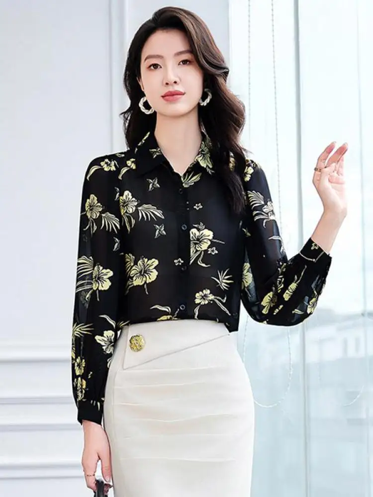 

French Fashion Women's Black Print Long Sleeve Blouse Autumn Vintage Elegant Cardigan Shirt Versatile Button Tops Streetwear New