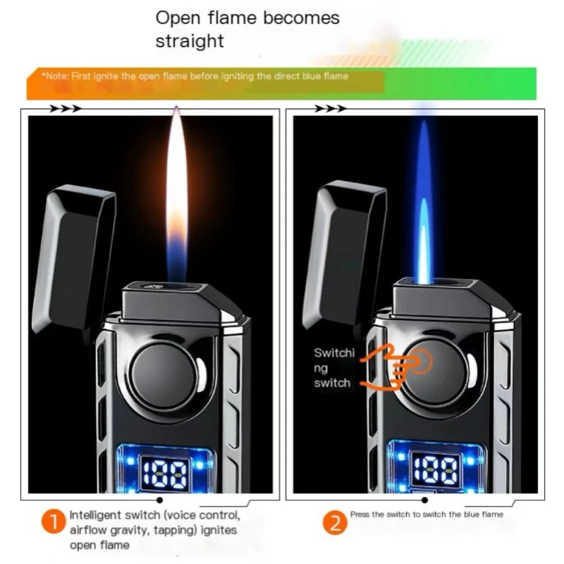 Creative Voice Controlled Ignition Gas Lighter Color Light Battery Display Open Fire Switching Jet Fire USB Electric Lighters