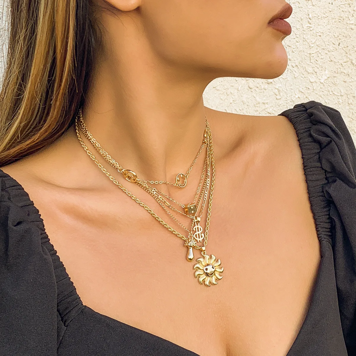 

Multi-element Mix & Match Sunflower Mushroom Dollar Smiley Pendant Necklace