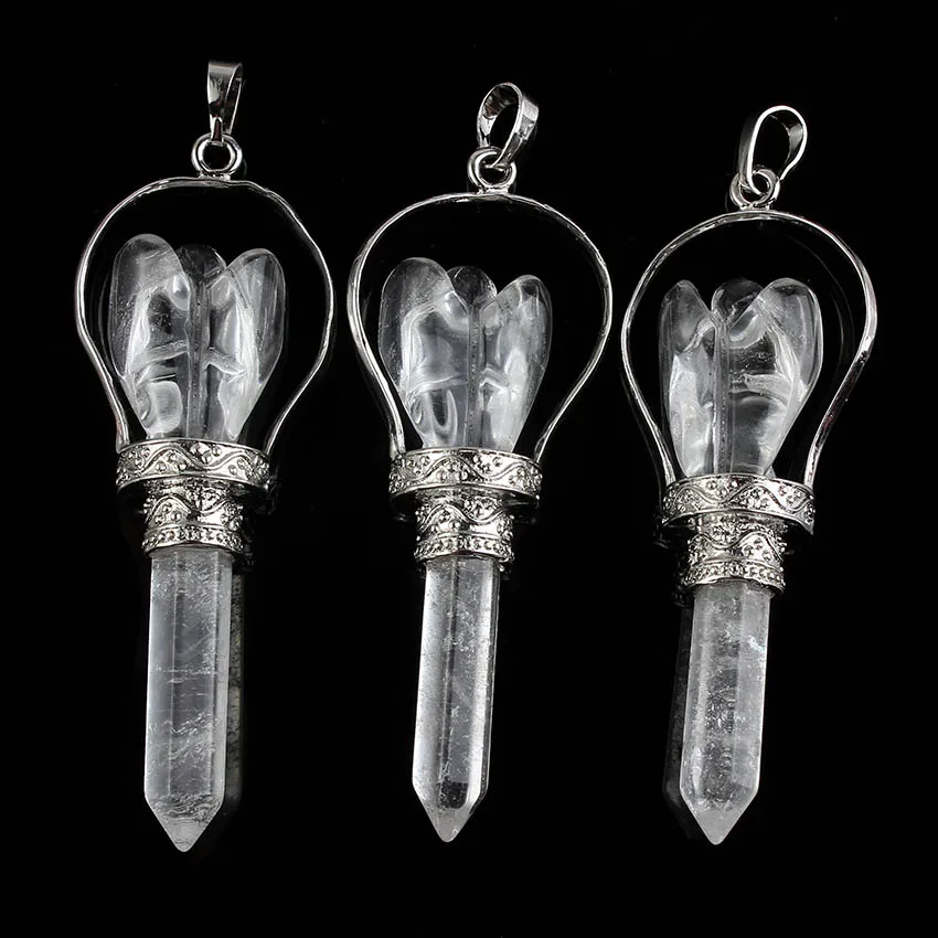 Silver Plated Vintage Scepter Natural Pendulums Hexagon Column Rock Crystal Stone Carve Angel Pendulum Pendant Women Jewelry