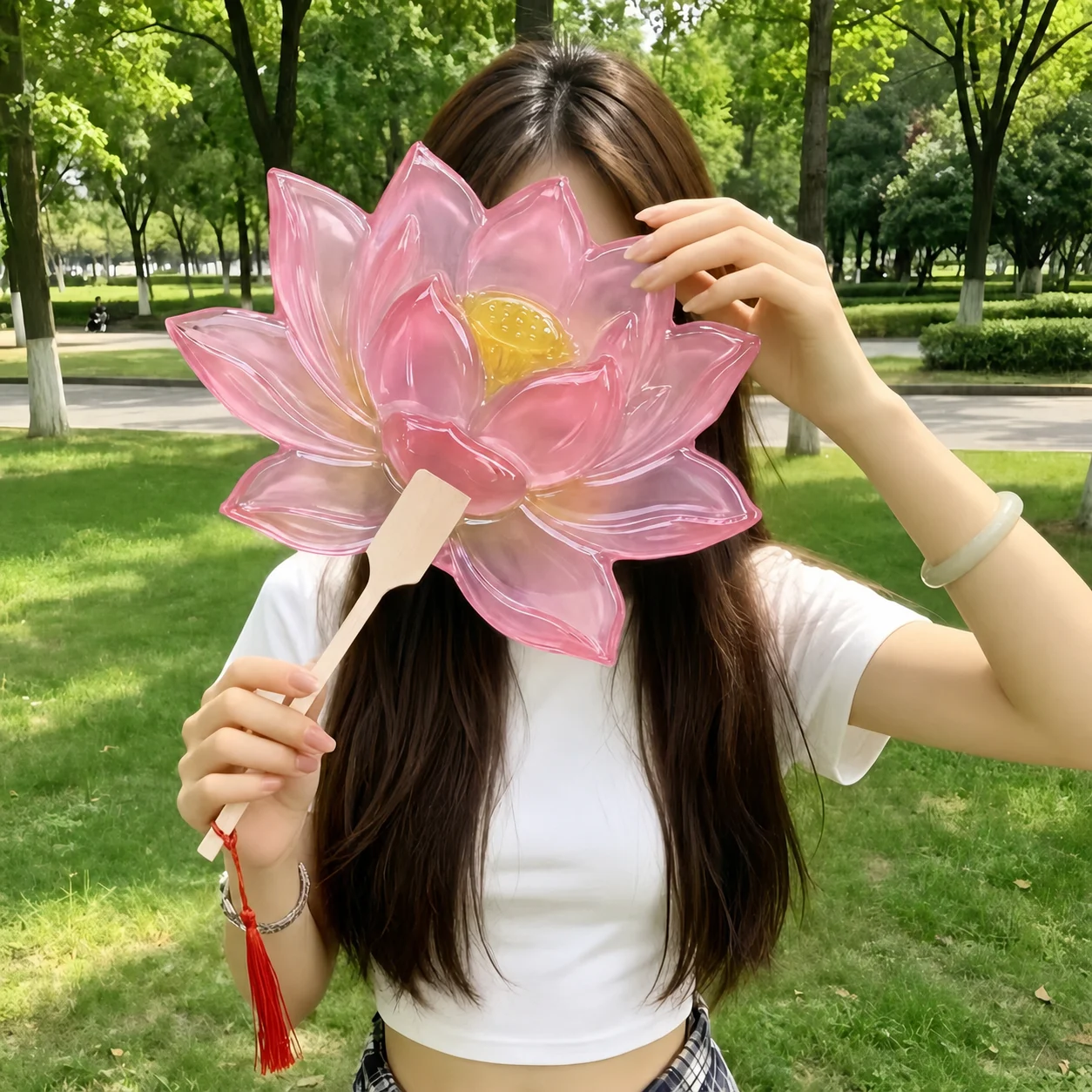 Summer Cooling Fan Handcrafted Vintage Handheld Lotus Fan Bamboo Handle Flower Fan Pink For Gift For Festivals Home Decoration view 6