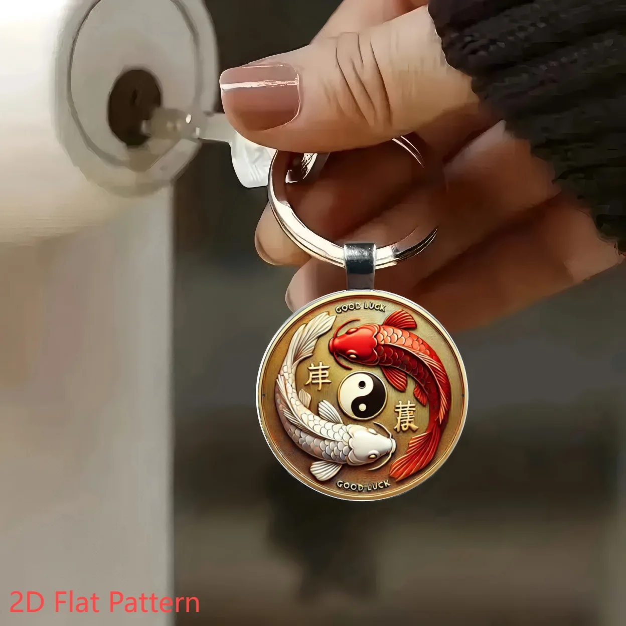 2D Flacher Glücksbringer Koi-Fisch Yin-Yang Schlüsselanhänger, Glas-Modeaccessoire, Geschenk für Ostern, Geburtstag, Abschluss, Muttertag, Vatertag – Detail 3