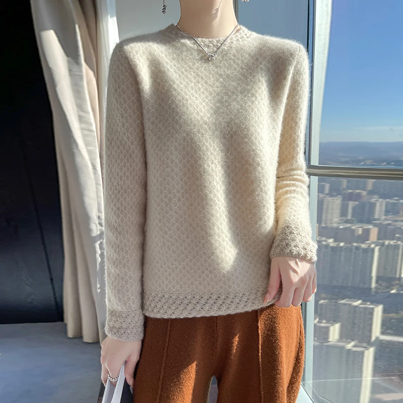 100% Pure Australian Wool Autumn Winter Sweater  Women\'s 2024 New Fashion Half High Neck Knitted Bottom Waffle Long Sleeved Wear