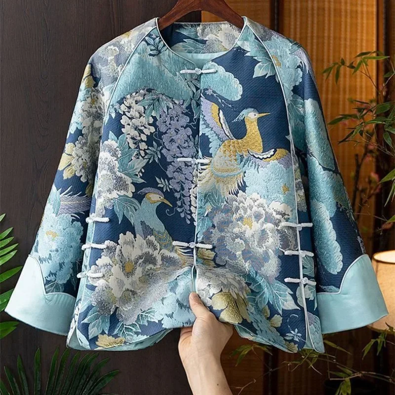 Winter New Fashion Chinese Style Versatile Popular Peony China-Chic Vintage Style Coat Chinese Vintage Button Women Tops A273