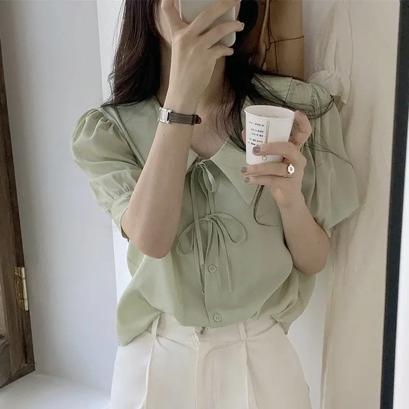 

Elegant V-neck Shirt Women's Fashion Bow-tied Bubble-sleeve Top Dongda Gate Style French Loose Fit Short Sleeve Casual Wear