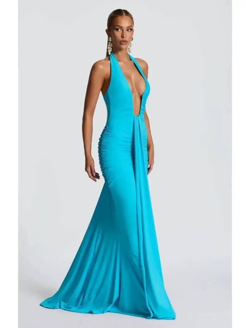 깊은 V넥 드레이프 주름 섹시 맥시 드레스 여성 여름 패션 홀터 슬리브리스 백리스 클럽 파티 롱 드레스 우아한 BM98