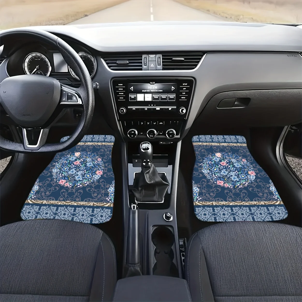 4pcs Universal Car Floor Mats, Blue - Based Flower Pattern, Fresh Style Digital Printed Car Floor Mat, Fashionable And Versatile