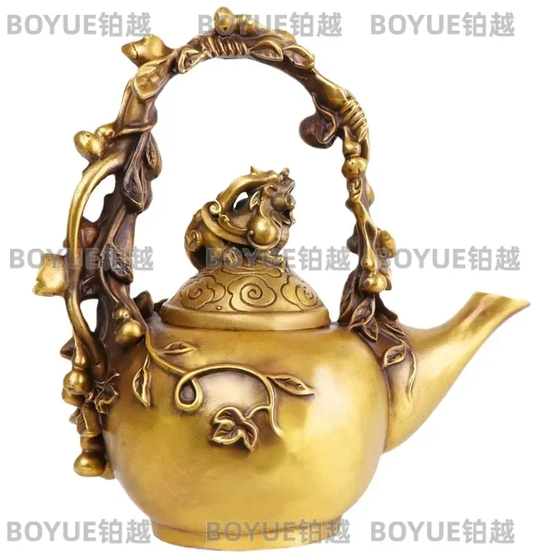 Copper Teapot with Pixiu Gourd Ornament Fu Character Decorative Handicraft Gift Home Feng Shui Wealth Statue Art Piece