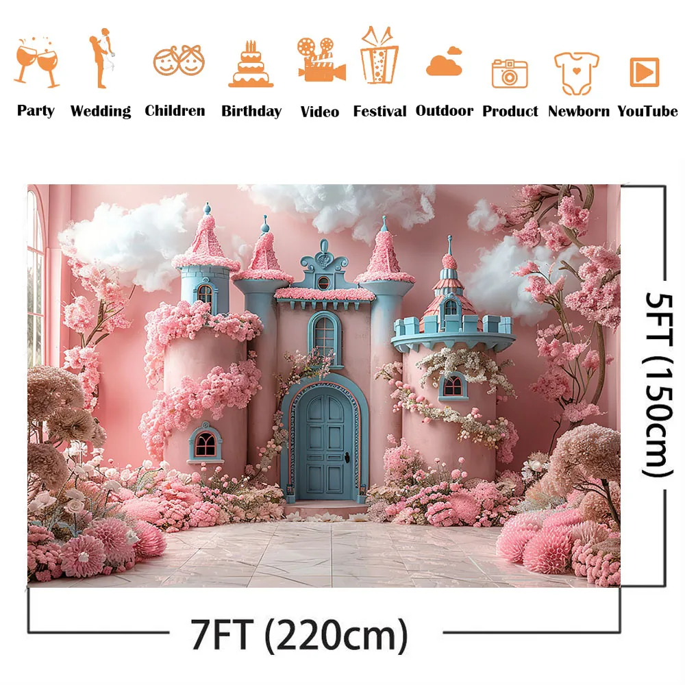 Lovely Pink Pastel Castle Backdrop For Photography Cake Smash White Clouds Photo Booth Background Kids Children Decoration Prop