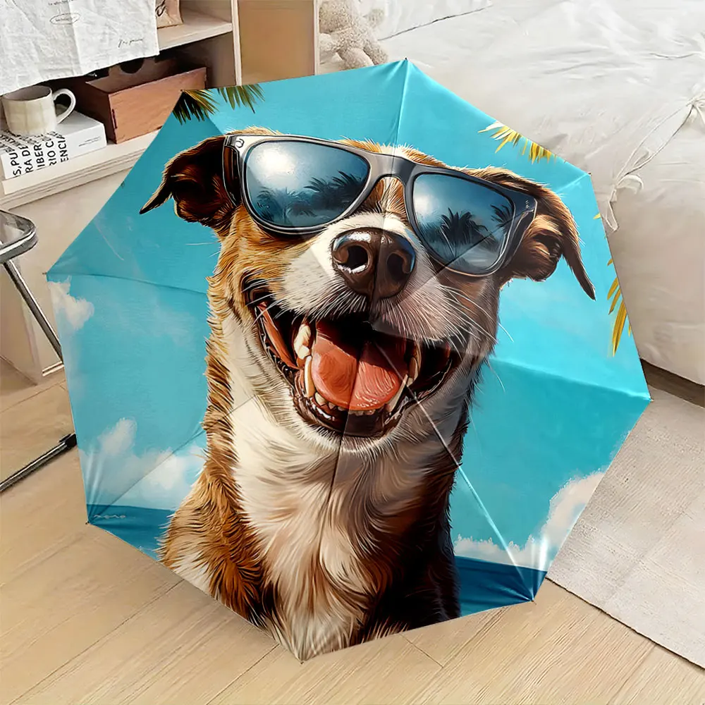 1PC Sunny Dog Umbrella with Tropical Background Print 8 Iron Ribs Folding Umbrella Auto-Open Fashion Sunshade