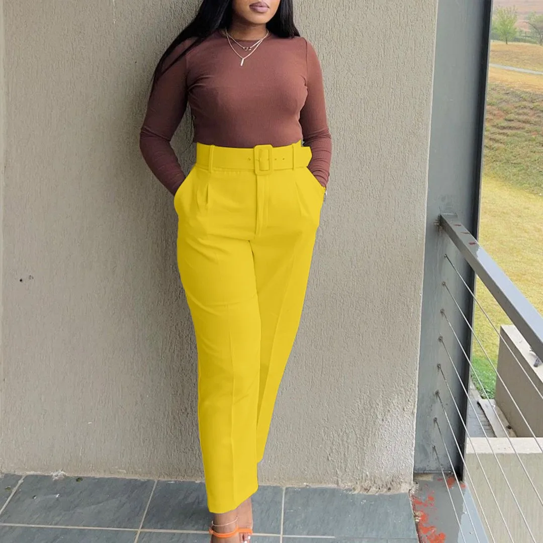 Women Pants High Waist Full Length Trousers Pleated Front Belted Slim Pants Mustard Yellow Tailored Dress Pants Beige Emerald