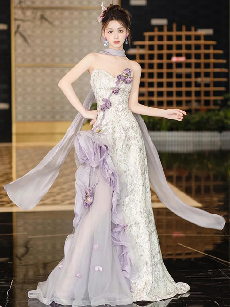 

Новое фиолетовое вечернее платье для женщин, свадебное, на заказ, для помолвки, в китайском стиле, для церемонии выпивки (для новой невесты)