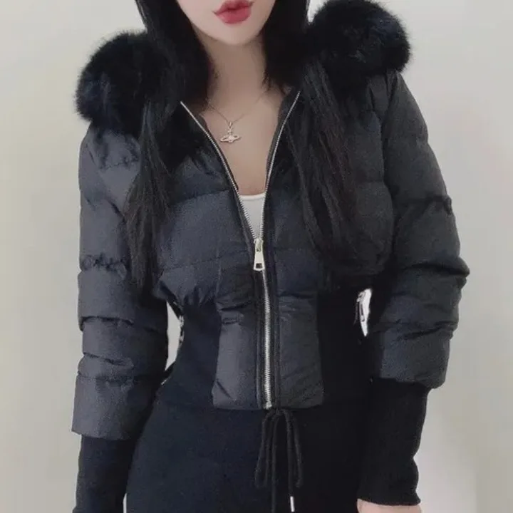 

Faionable Autumn Winter Hooded Coat Women's Cotton Jaet Warmth Large Fur Collar Slimming Sle Korean Straight Cut