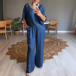 Summer Short-sleeved T-shirt Two-piece Set For Women V-neck Top Pullover Wide-leg Pants Suit For Women Spring Loose Satin Suit