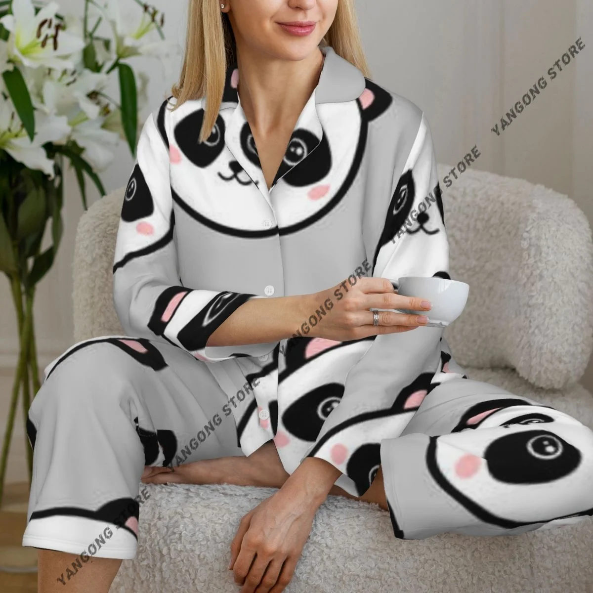 

Spring and Autumn Long Sleeve Pants Pajamas Loungewear Set Cute Llittle Panda Pattern Women's Pull Edge Loose Sleeping Suit