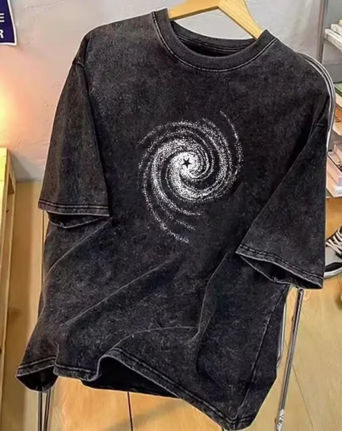 Y2K Galaxy Star Graphic T Shirt Men Vintage Acid Wash Oversized Tee Cyberpunk Streetwear Harajuku 230gsm Heavy Cotton Top Unisex 2026