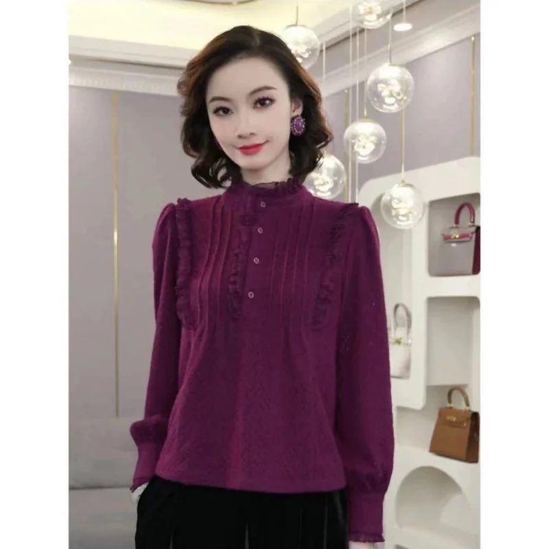 High-End-Samtbluse im französischen Stil für Damen, 2025, neuer Herbst, dick, lila, einreihig, langärmelig, Damen-Plisseehemd