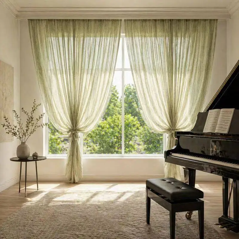 Green Cotton-Linen Sheer Curtains Rustic Forest Striped Sheer Curtain for Living Room Bedroom Hotel Home Decoration Window Drape