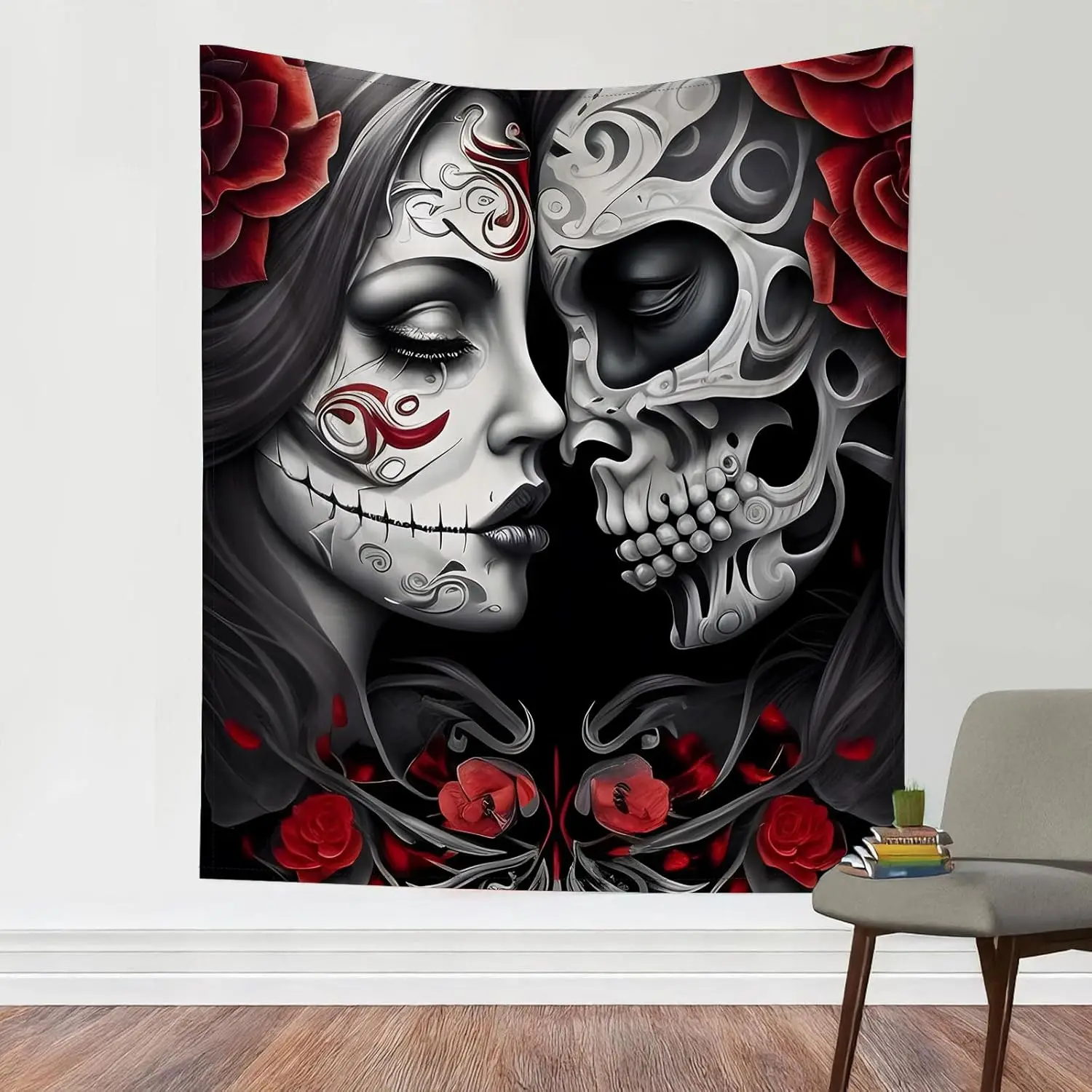 Black And White Skull Tapestry Sugar Skull Couple Aesthetic Bedroom Tapestries skeleton Wall Tapestry for Dorm Living Room