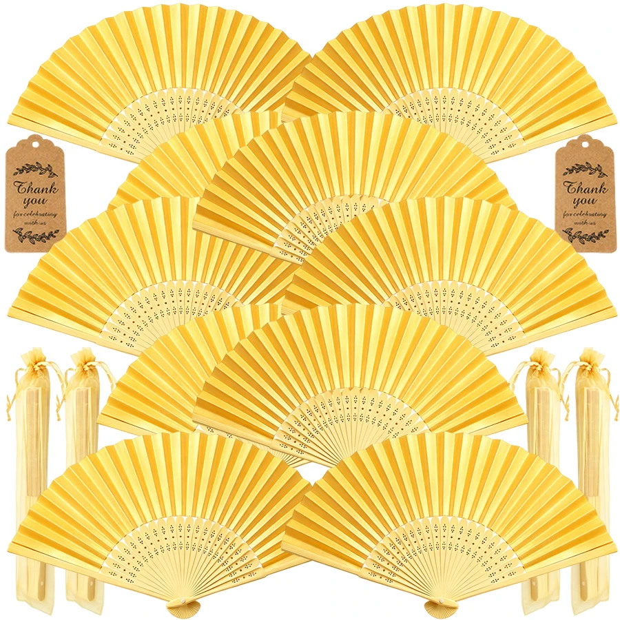 45pcs Golden Elegant Folding Hand Fan Set, Includes Thank You Card And Gift Bag, Bride's Bamboo Hand Fan Wedding Decor