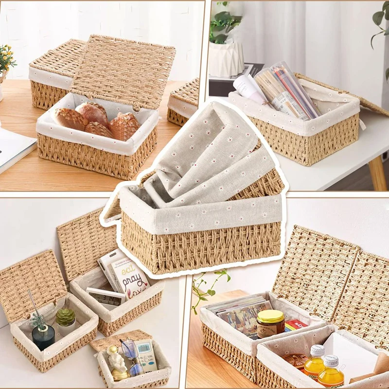 ABWR-корзина для хранения, упаковка из 3-х корзин для хранения с крышкой, тканая корзина из бумажной веревки, корзины с декором в стиле бохо с подкладкой