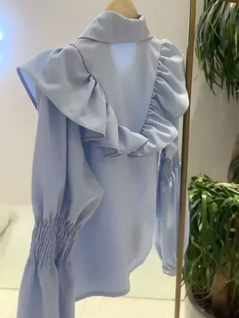 

Top Blusas Femininas Elegantes OL White Long Sleeve Shirt Ruffled Turn Down Collar Shirt Casual Blouse