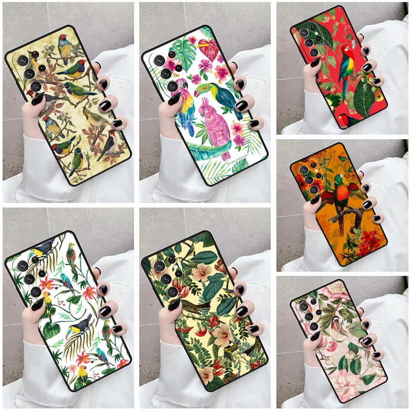 Phone Case For Samsung Galaxy S24 S23 S21fe S22 Ultra Plus Note 10 20 S8 S9 S10 Cover Garden Birds Vintage Tropical FLORAL