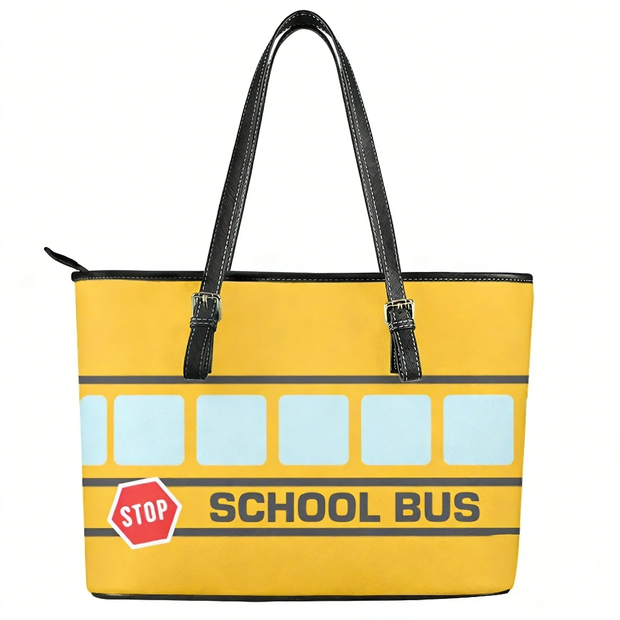 Yellow School Bus Printed Custom Handbag Womens Mens Personalized Tote Bag Shoulder Bag Business Leather Purse Travel Bag Gift