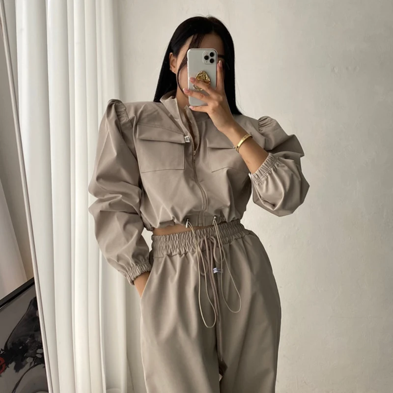Chic Stand Collar Drawstring Waist Long Sleeve Outerwear High Waist Loose Casual  Color Pants Women's Fashion Spring Set