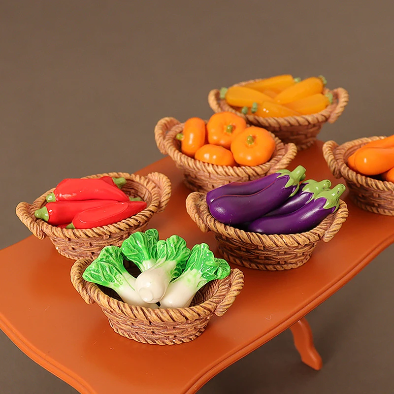 Casa de muñecas en miniatura para niños, juguete de plástico con cesta y verduras, juguete de cocina, 1/12