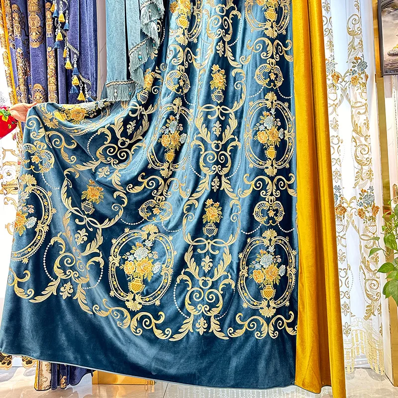 Custom European villa luxury palace shading bedroom blue velvet embroidery  cloth blackout curtain tulle valance drape C1597