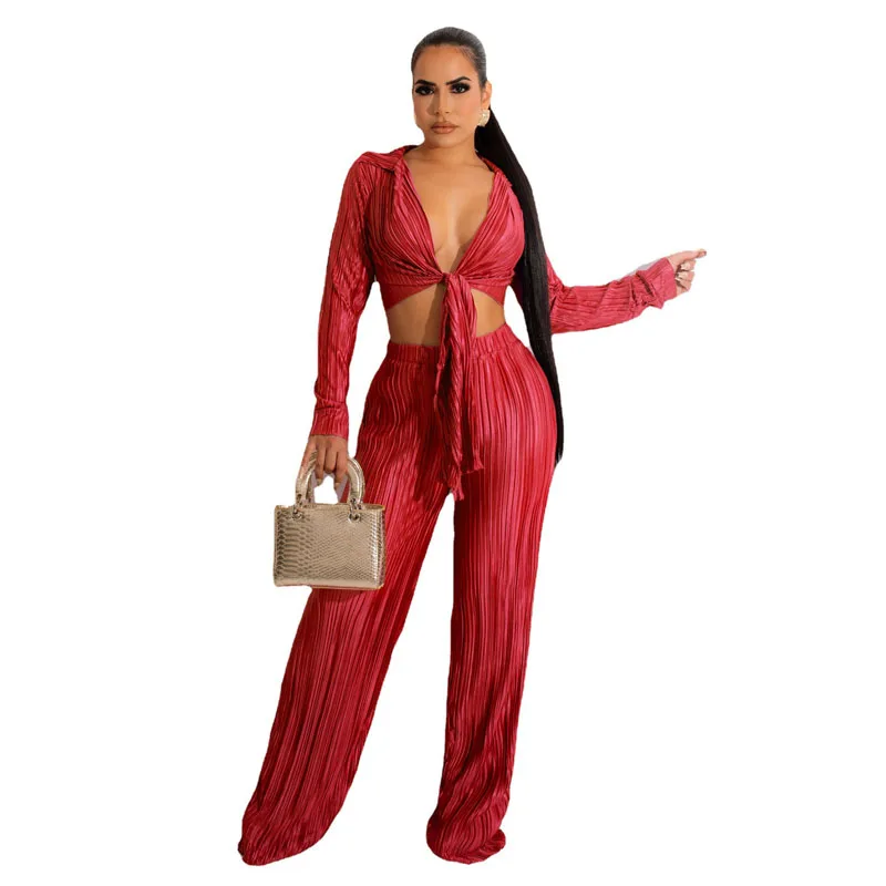 Elegant Pleated Ladies 2 Piece Set Women Sexy Up V Neck Long Sleeve Crop Top and Loose Pleated Pants Casual High Quality Sets