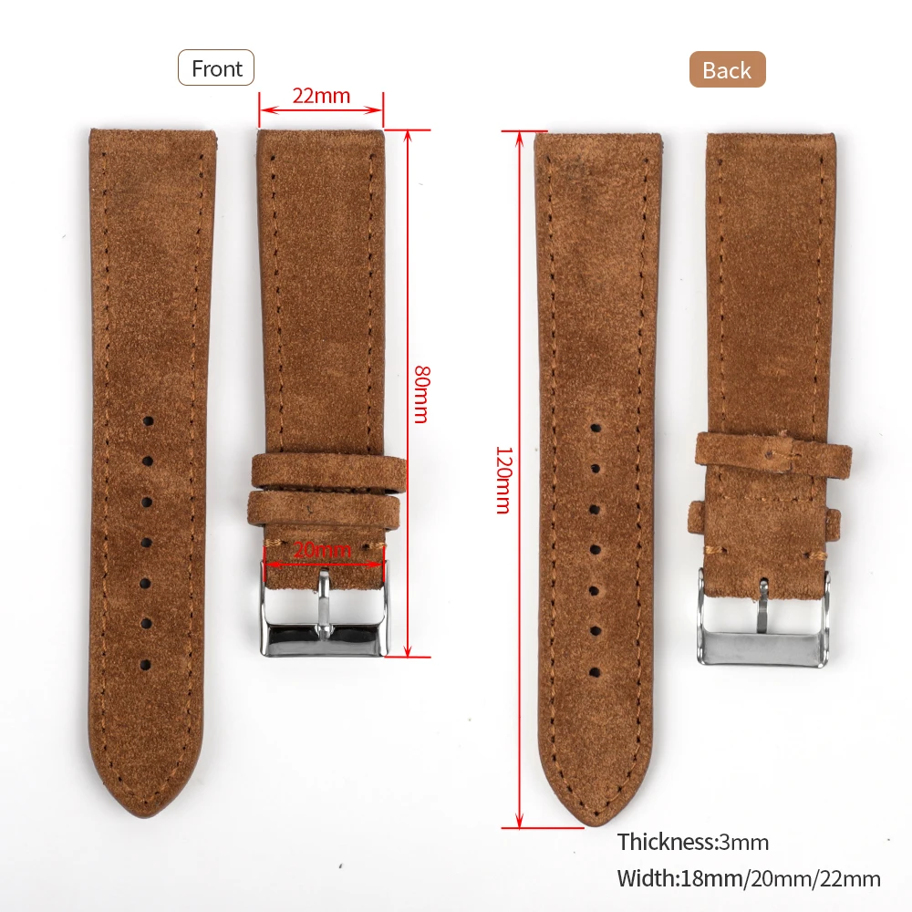 Suede Watch Strap 18mm 20mm 22mm High Quality Genuine Leather Watchband Men Women Handmade Stitching Replacement Wristband