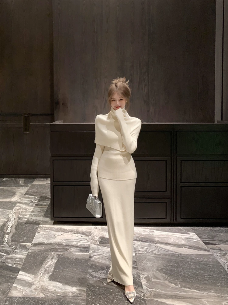 

Elegant Lazy Style Knitted Set High Collar Base Layer Top And Skirt Three Piece Casual Wear for Women in Spring Winter