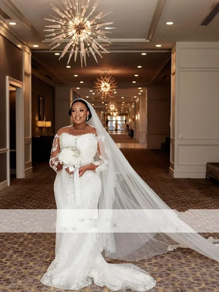 Maßgeschneidertes wunderschönes Brautkleid mit O-Ausschnitt und Spitze und Perlen, Sweep-Zug, lange Ärmel, Vestidos De Noiva, Meerjungfrau, afrikanisches Brautkleid