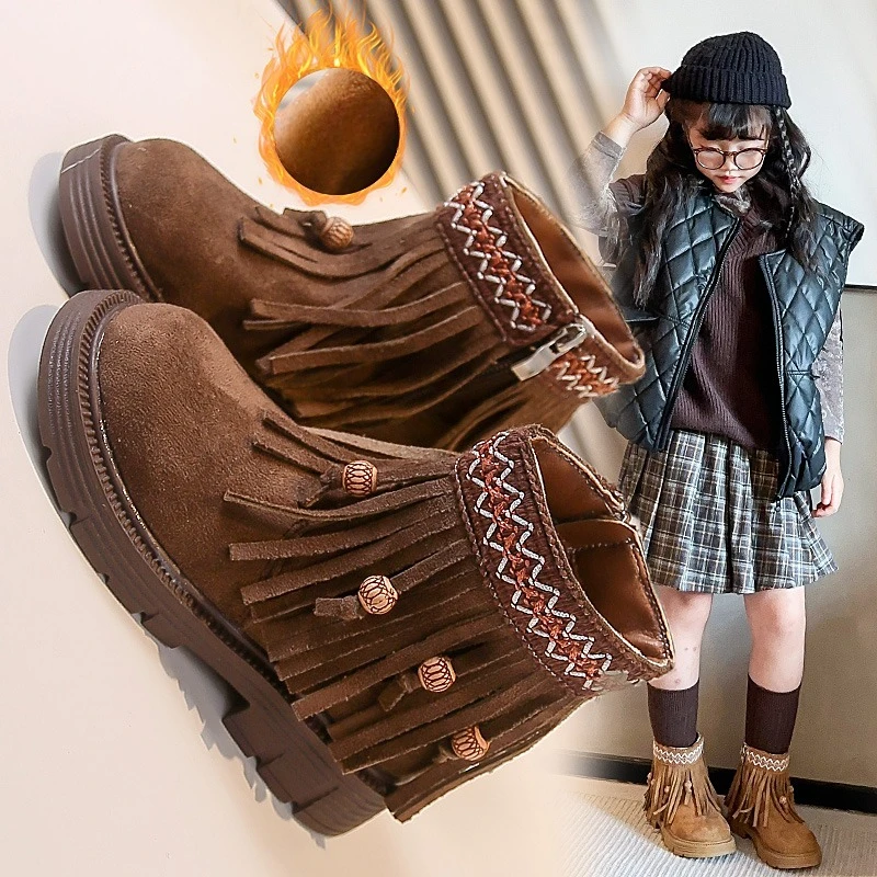 

Ботильоны для девочек с милой кисточкой. Детские короткие сапоги в этническом стиле. Новые зимние детские ботинки принцессы 2024, мягкие ботинки с боковой молнией.