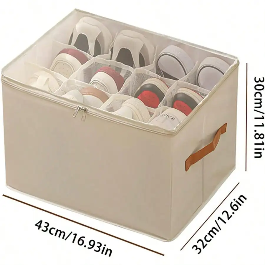2-Piece Set: Wardrobe Shoe Rack With Fabric Storage Boxes Featuring Transparent Lids And Adjustable Dividers. Holds Up To 24 Pairs Of Shoes. Foldable, Space-Saving Design, Ideal For Home Use. Available In Two Colors: Beige And Black.