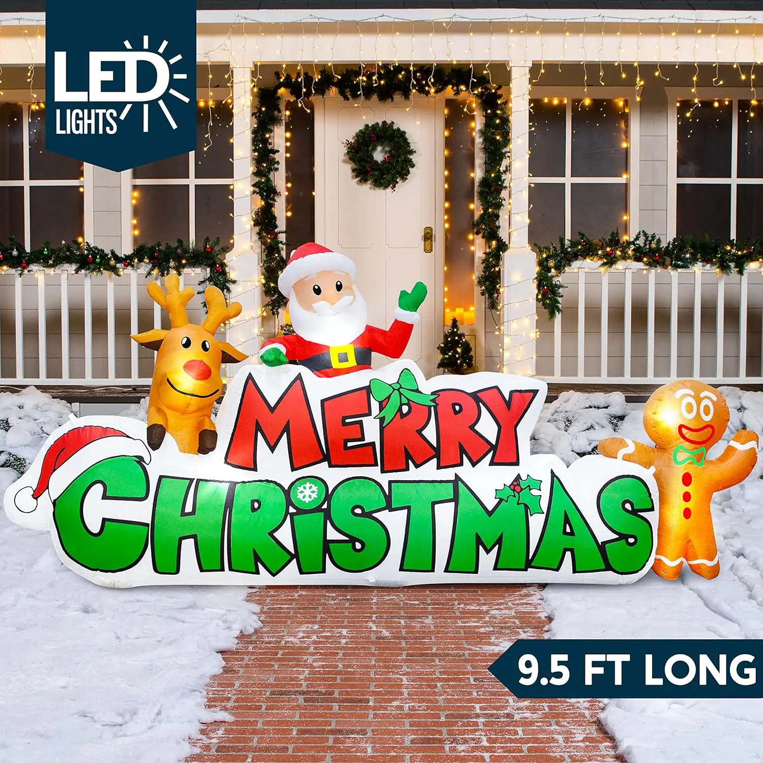 JOYFY 9.5 قدم عيد الميلاد نفخ عيد ميلاد سعيد تسجيل مع سانتا الرنة والزنجبيل لديكور ساحة في الهواء الطلق