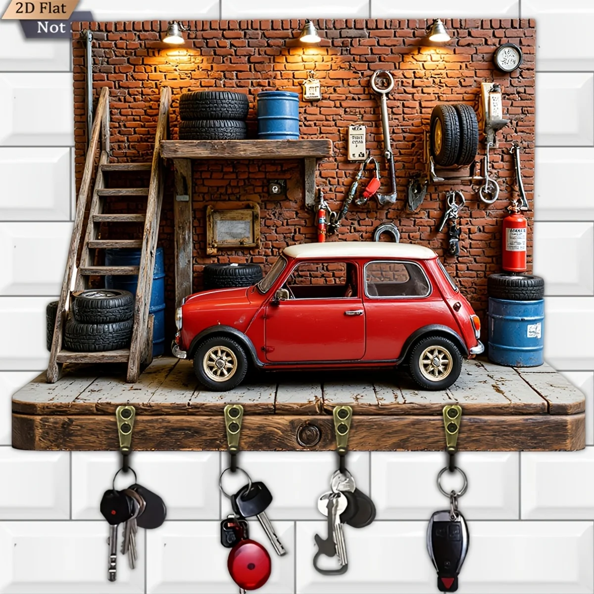 2D flach, 1 Stück, Retro-Schlüsselhaken im Auto-Workshop-Stil, multifunktionales Schlüsselregal aus Holz für Zuhause mit vier Metallhaken, Wanddekoration,