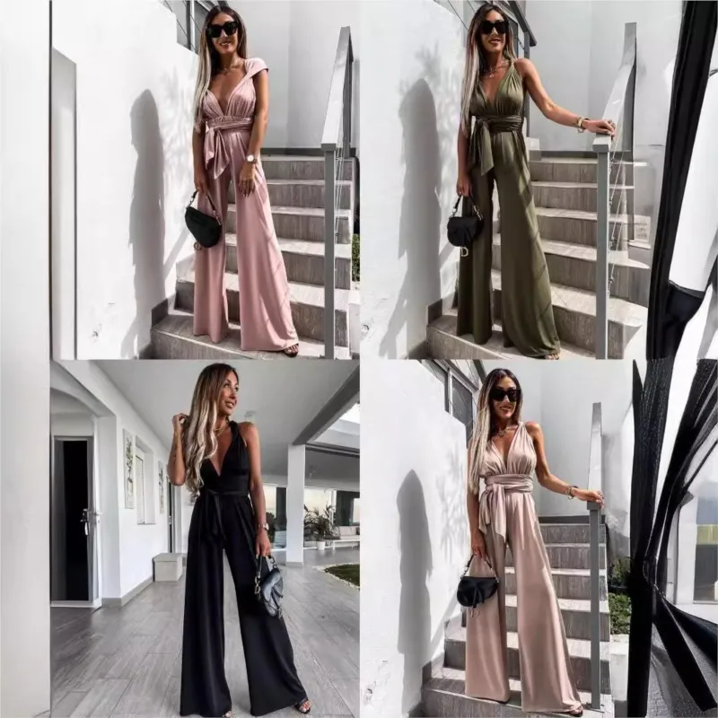 Sexy Diepe V-hals Backless Effen Kleur Mode Zomer Riem Vrouwen Jumpsuit Casual Mouwloze Losse Lange Broek Hoge Taille Jumpsuit