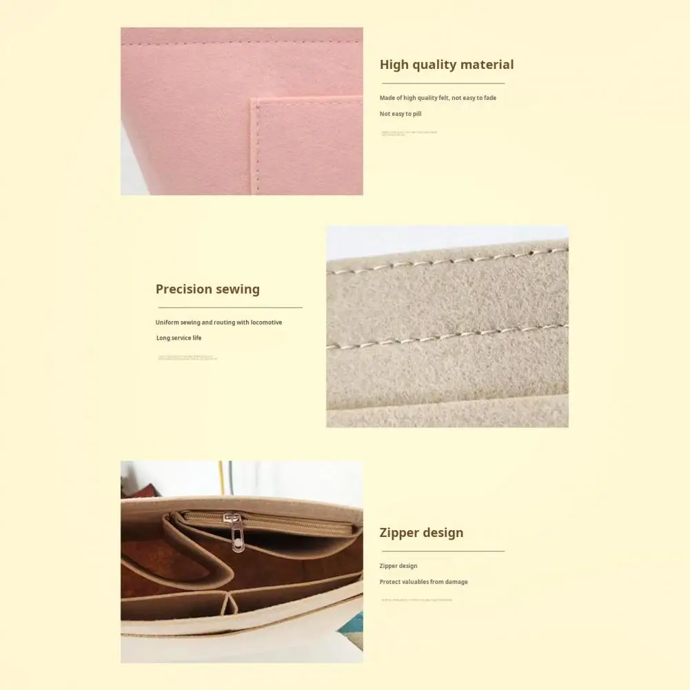 Multi-pocket Felt Organizer Champ Tote Felt Bag Insert with Multi-pocket Design Zipper Cup Pockets Cosmetic Bag for Shoulder