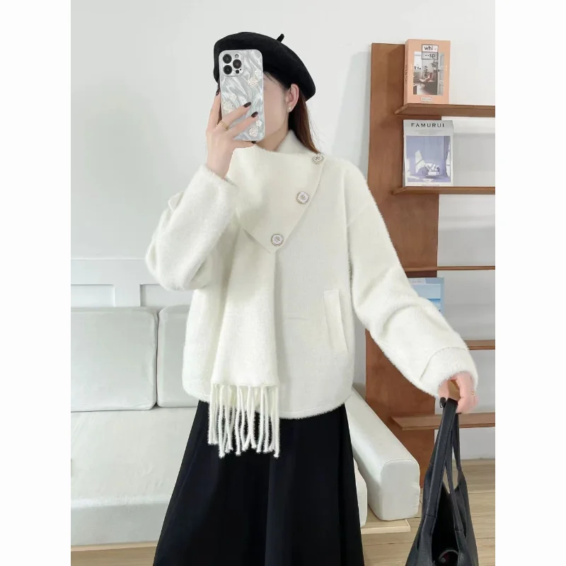 여성을위한 프렌치 핑크 스카프 도파민 스웨터 자켓 새로운 겨울 느슨한 두꺼운 니트 가디건