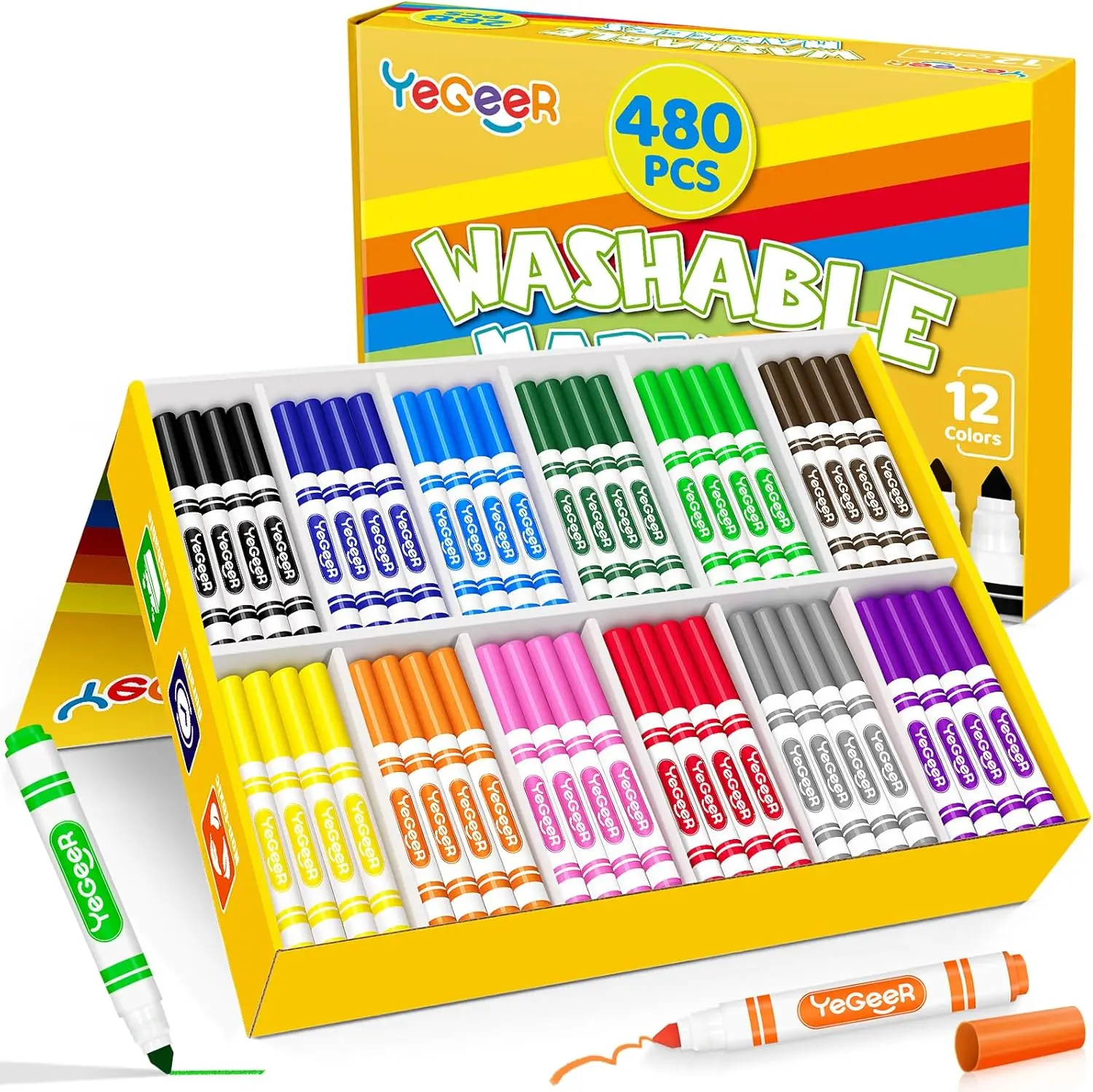 

480 Washable Markers Bulk, 12 Colors Broad Tip for Kids Teachers Classroom Art Supplies